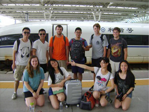 Students in front of public train in China