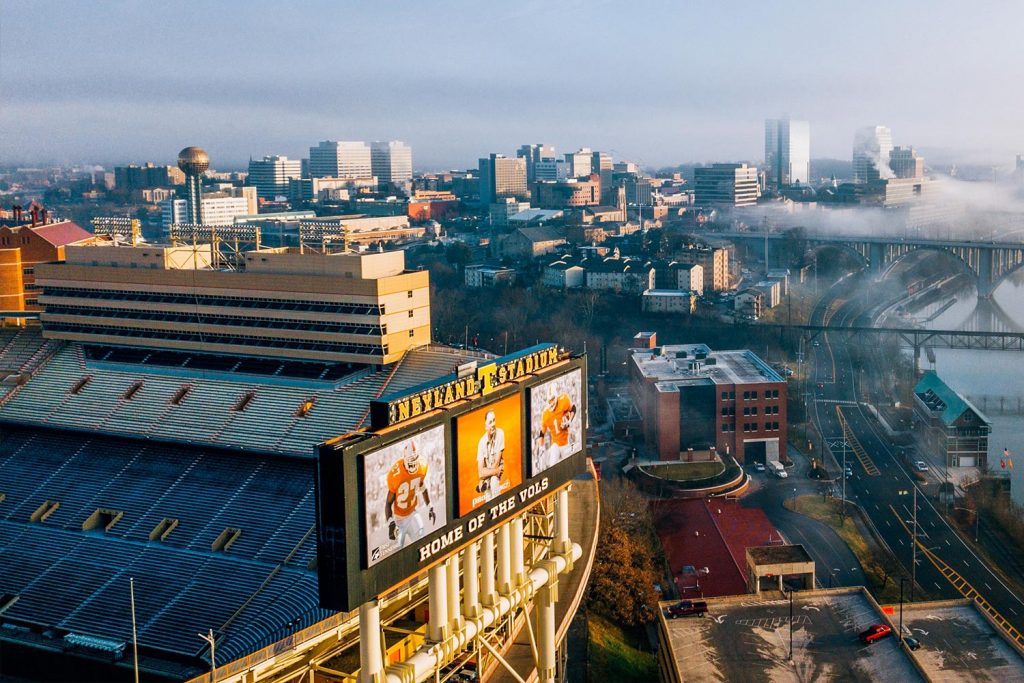 Aerial drone photo of Neyland Stadium and Tickle Engineering Building