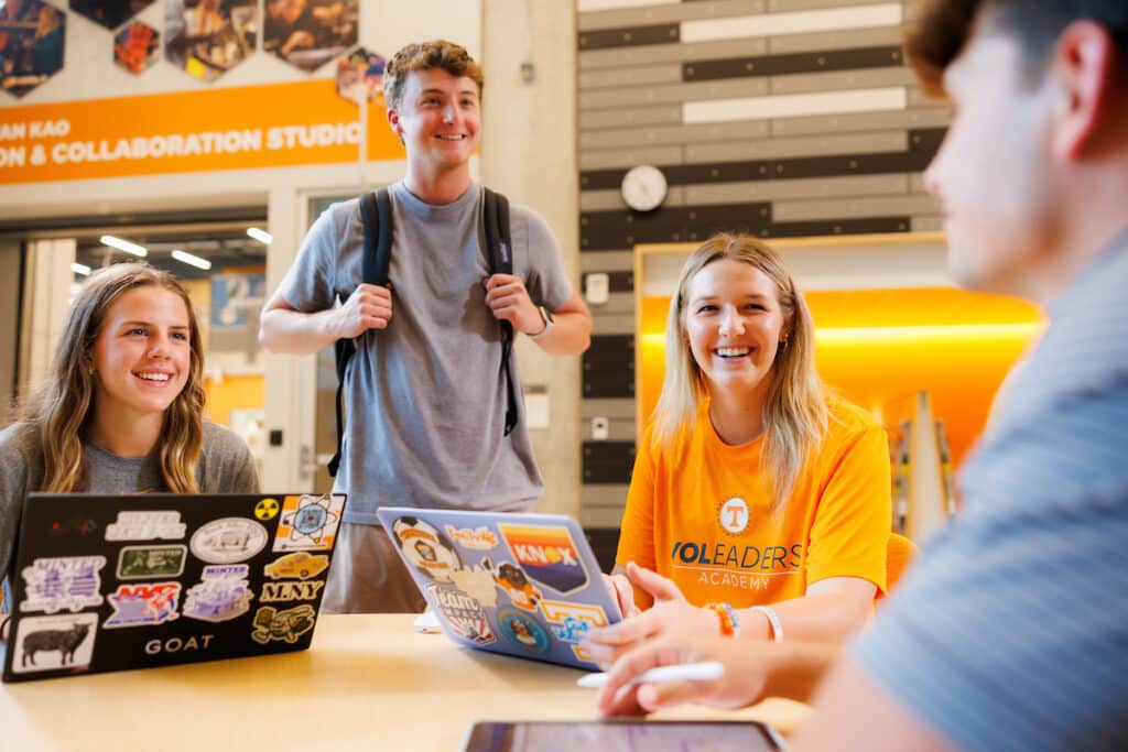 Lady Vol soccer player Ally Zazzara studies with friends during an “It take a Volunteer” produced student lifestyle photoshoot inside the Zeanah Engineering Complex on August 29, 2024. Photo by Steven Bridges/University of Tennessee.