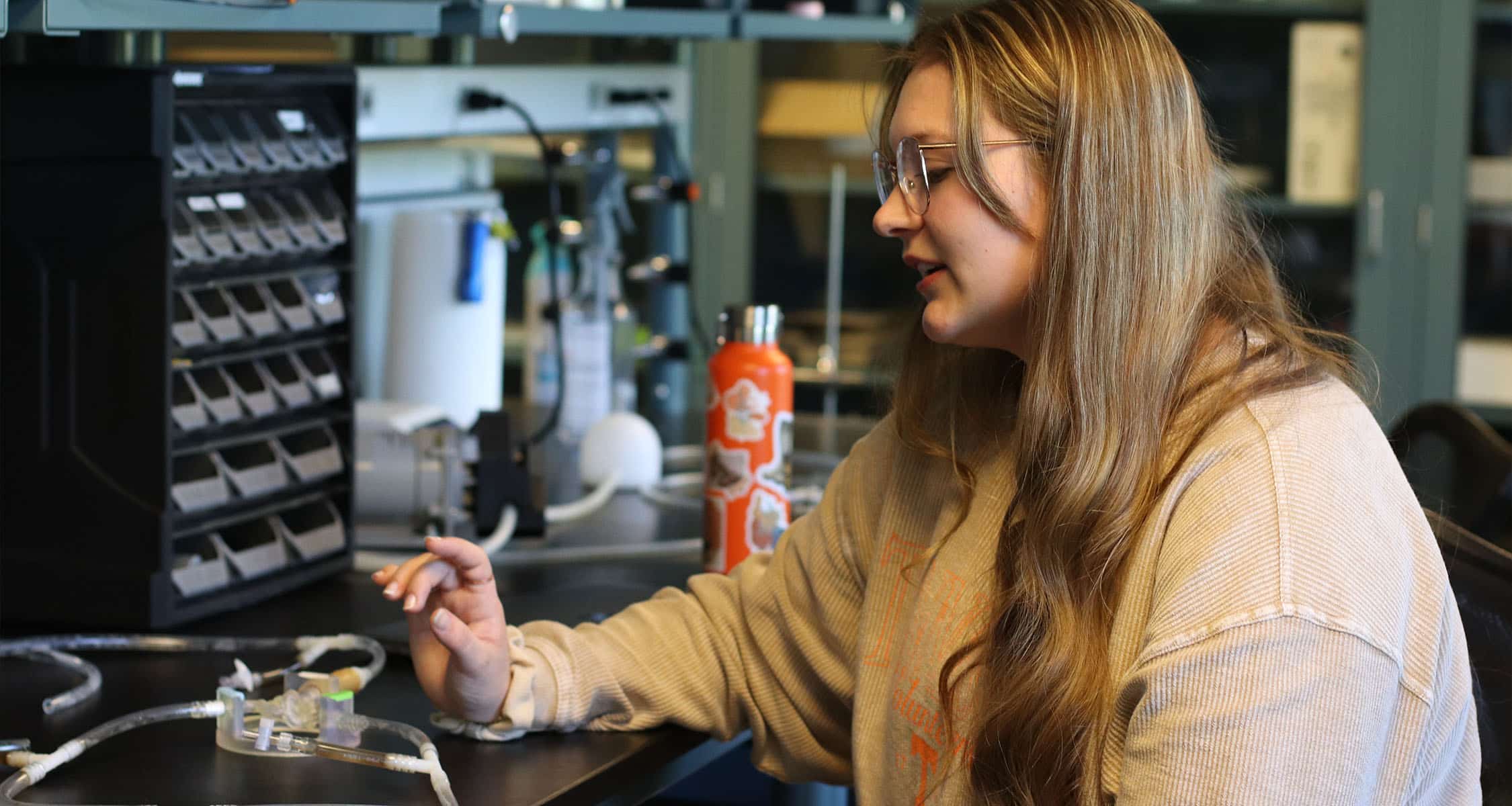 Graduate student Mackenzie Moser works inside a Dougherty Engineering Lab