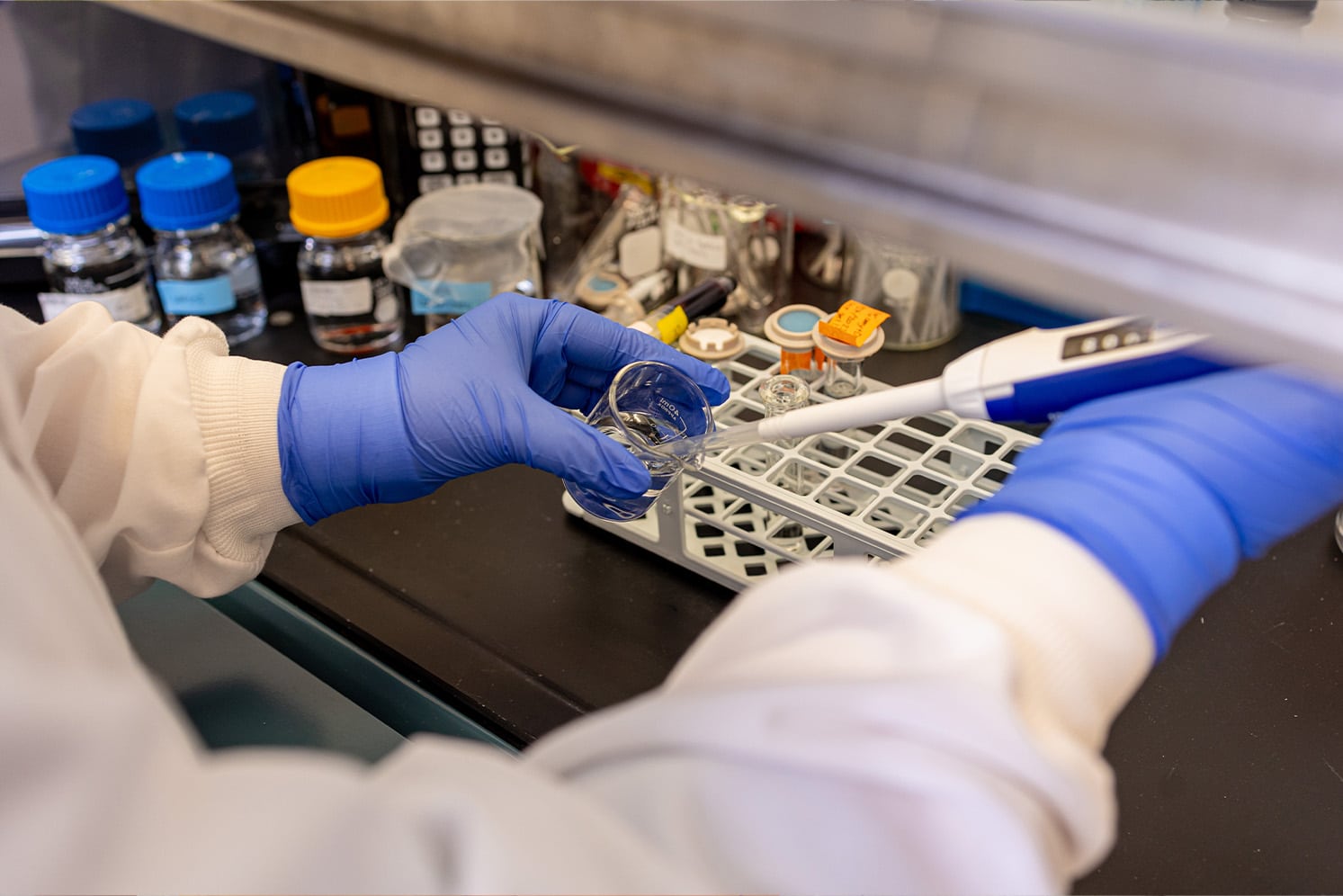 Graduate student works with experiment in Fume Hood