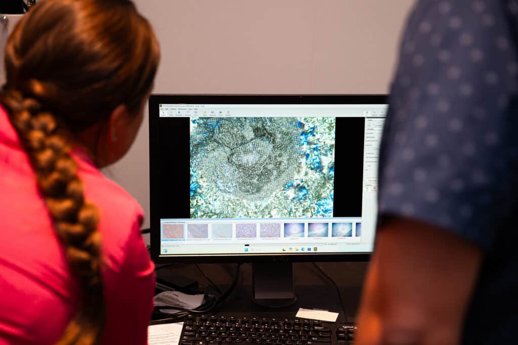 Colleen Crouch and Bryan Good examining images from specimens of endothelial cells on a computer screen.
