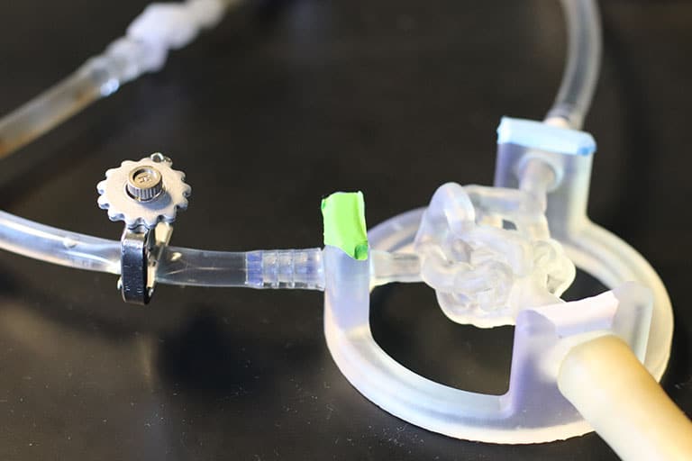 Cerebral arteriovenous malformations resin model with a clamp on it.