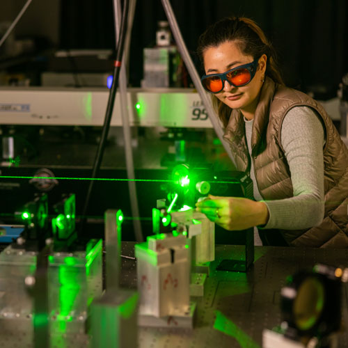 Research photo created of the Brillouin scattering spectroscopy with a green laser in the Light Scattering Laboratory 