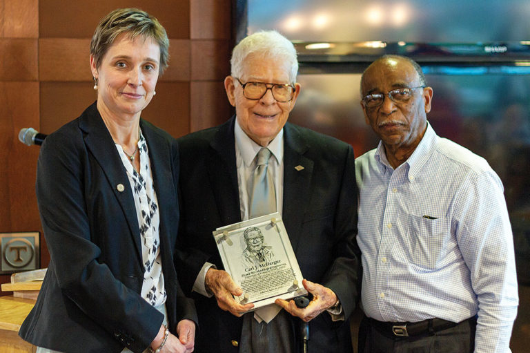 Department Head and Chancellor’s Professor Veerle Keppens with Carl McHargue and Roberto Benson in 2018 during McHargue’s induction into MSE’s Hall of Fame