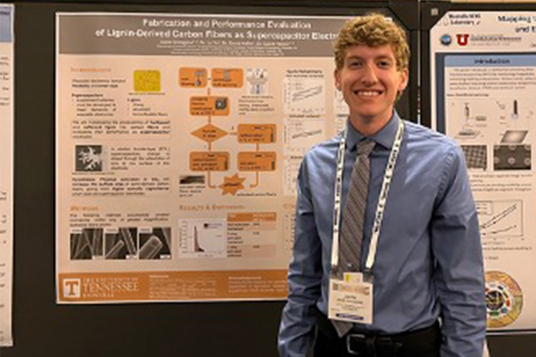 Jakob Scroggins’ poster was awarded first place in the Functional Materials Division Undergraduate Poster Competition. His work involves converting lignin, a renewable feedstock, into a nanostructured carbon electrode used for energy storage in supercapacitors.