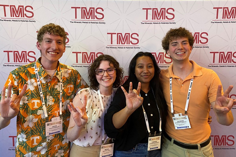 (From left to right) The team of Jakob Scroggins (MSE junior), Megan Gillespie (MSE sophomore), Fabriana Prawiranata (MSE junior) and Raymond Wysmierski (MSE Master’s student) came in third place out of seventeen teams after competing in the Materials Bowl science trivia challenge.