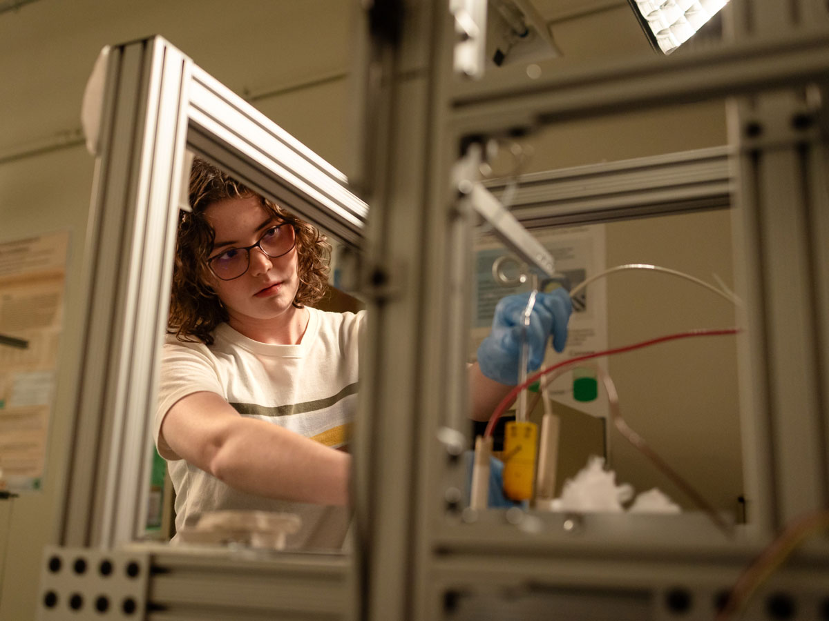 Student working in the yellow room and scintillator growth chamber