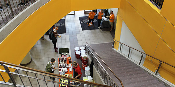 The potential for rain took the cookout food & drink line inside the multi-level atrium of the Science and Engineering Research Facility.