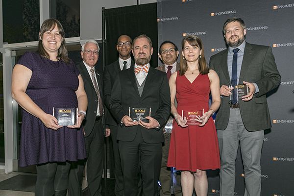 2018 Teaching award recipients included, from left with Dean Davis, Jenny Retherford, Eric Wade, Mike Berry, Kamrul Islam, Jamie Coble, and Jon Hathaway