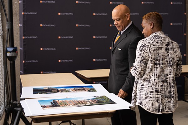 Dean Mark Dean looks at renderings of the the new $129 million, 228,000 square-foot Engineering Complex at the University of Tennessee Knoxville campus.