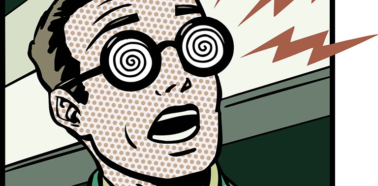Cartoon face has glasses with spiral-design lenses and lightning-bolts around his head to signify x-ray vision.
