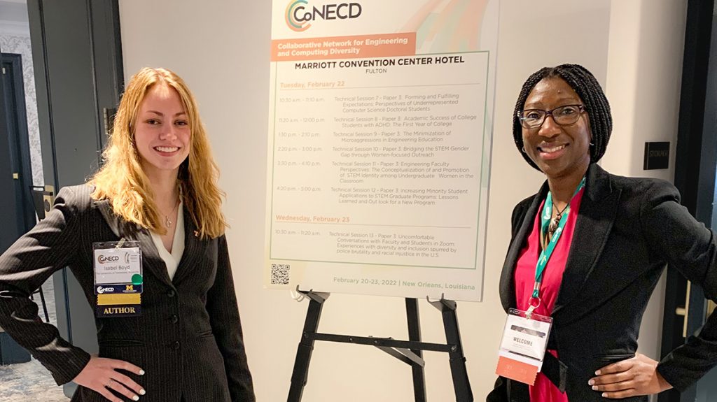 Jalonda Thompson, at right, joined engineering junior Isabel Boyd to present at the 2022 CoNECD conference.