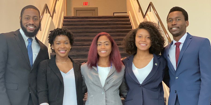 The 2019 UT NSBE Academic Technology Bowl team featured, from left, Hunter Mann, Shannon Sharp, Sydnee Ruff, Kassidy Boone, and Mubuso Nkosi.