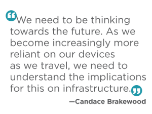 "We need to be thinking towards the future. As we become increasingly more reliant on our devices as we travel, we need to understand the implications for this on infrastructure." —Candace Brakewood