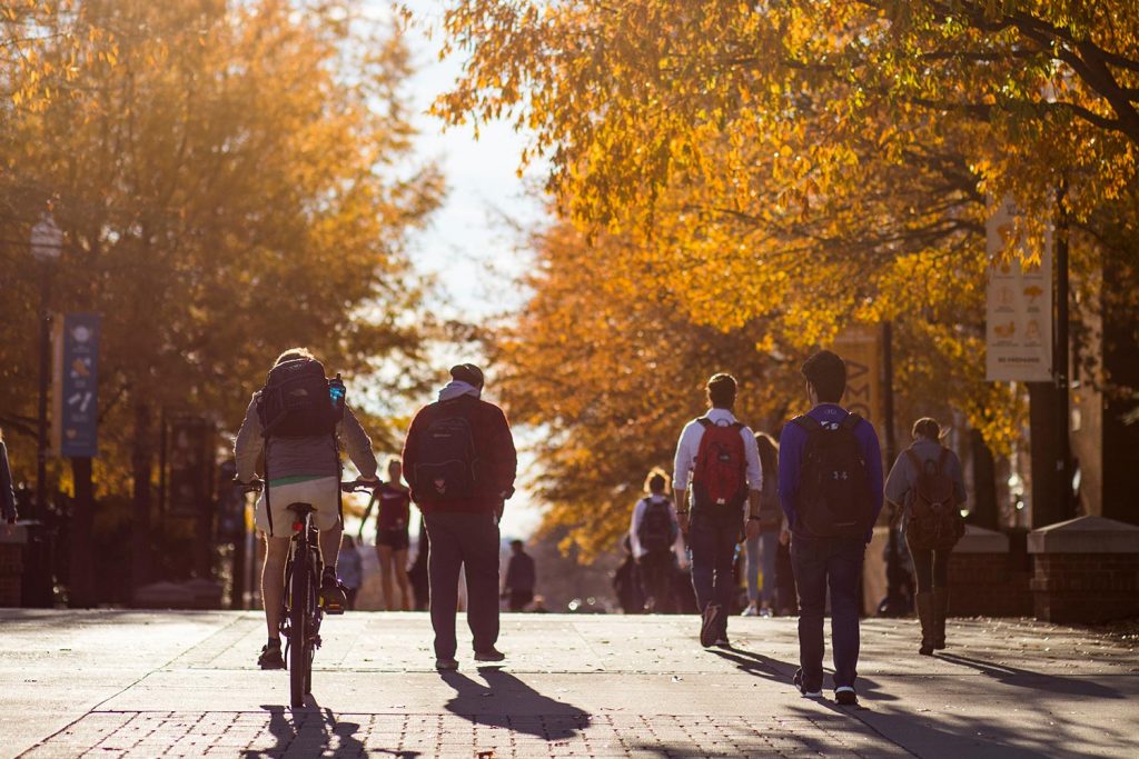 Pedestrians walking on campus
