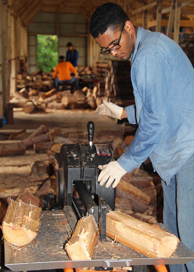 Tarun Kukreja operates the kinetic wood splitter.