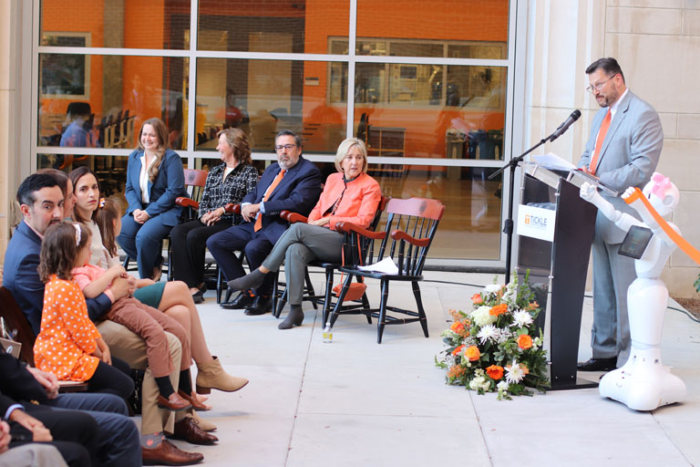 Dean Matthew Mench delivers remarks to the crowd at the Zeanah Engineering Complex dedication ceremony. 