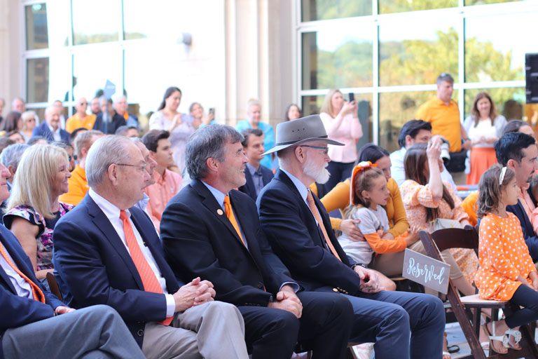 Chancellor Emeritus Jimmy Cheek, NE Department Head Wes Hines, and Associate Dean of Research and Facilities Bill Dunne listen on during the Zeanah Engineering Complex dedication ceremony.