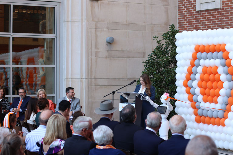 Nuclear Engineering PhD student Emily Hutchins gives remarks during the Zeanah Engineering Complex dedication.