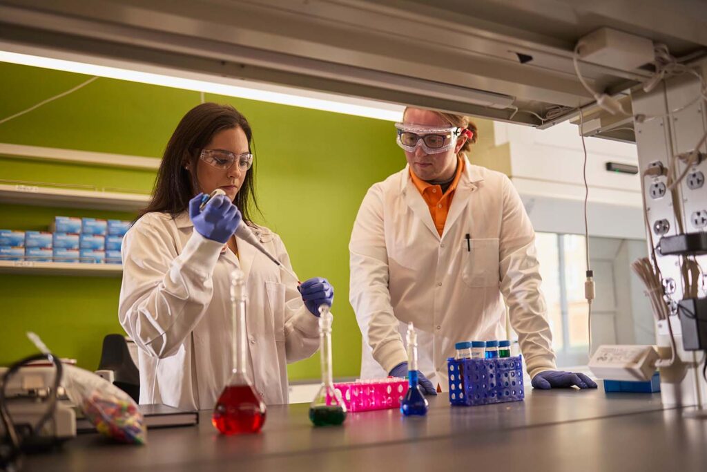 Ivis Chaple works with graduate student Caleb Noe in her lab in the Zeanah Engineering Complex.
