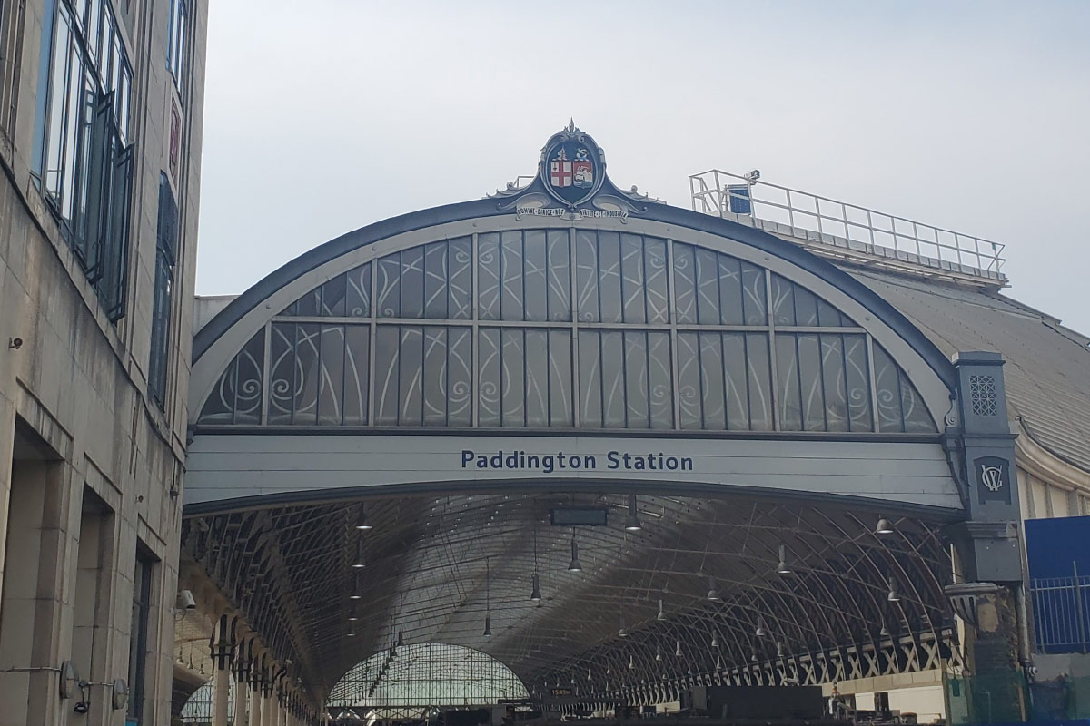 A view of the front of Paddington Station. A train station located in London, England.