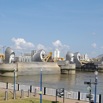 The Thames barrier, an engineering marvel constructed to control and moderate the flow of the Thames river in England.