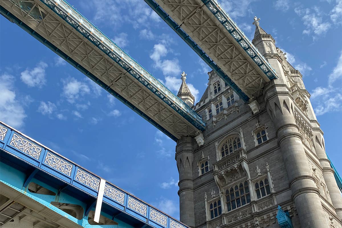 Tower Bridge in London, viewed from the ground level looking up.