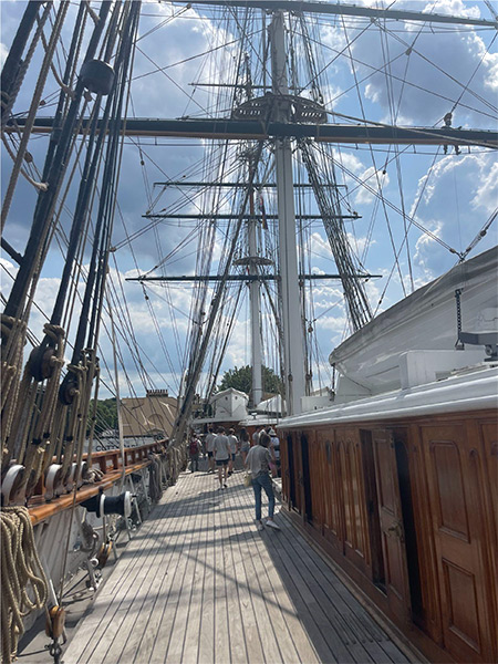 A view of a historical ship at the Cutty Sark, a maritime museum located in London, England.
