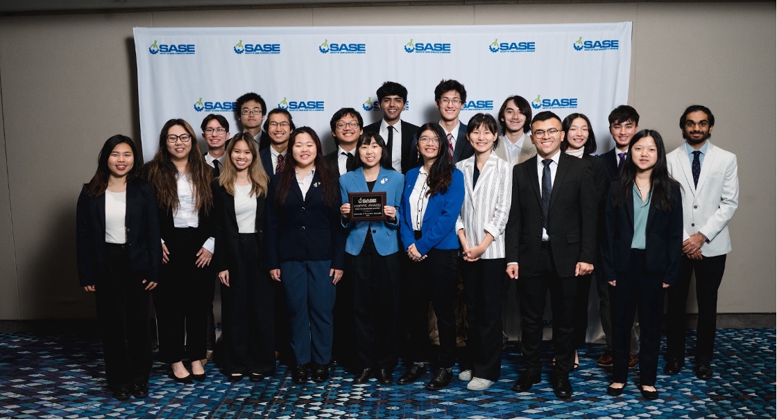 SASE UTK chapter accepted the 2023 Inspire Award for Most Philanthropic Chapter at the SASE National Convention. Pictured left to right is Kaylee Bae, Abby Bang, Brandan Roachell, Ellen Vo, Jason Dong, Sam Sui, Jackie Liu, Colin Onevathana, Sarah Huang, Rudra Patel, Valerie Fung, Matthew Jacobs, Jessie Li, Tobee Duong, Bill Bilgar, Qingyang Gong, Kade Proctor, Amy Huang, and Avi Patel.