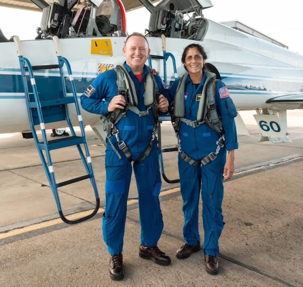 Boeing Crew Flight Test (CFT) astronauts Butch Wilmore and Suni Williams in T-38 pre-flight activities at Ellington Field. Photo credit: NASA