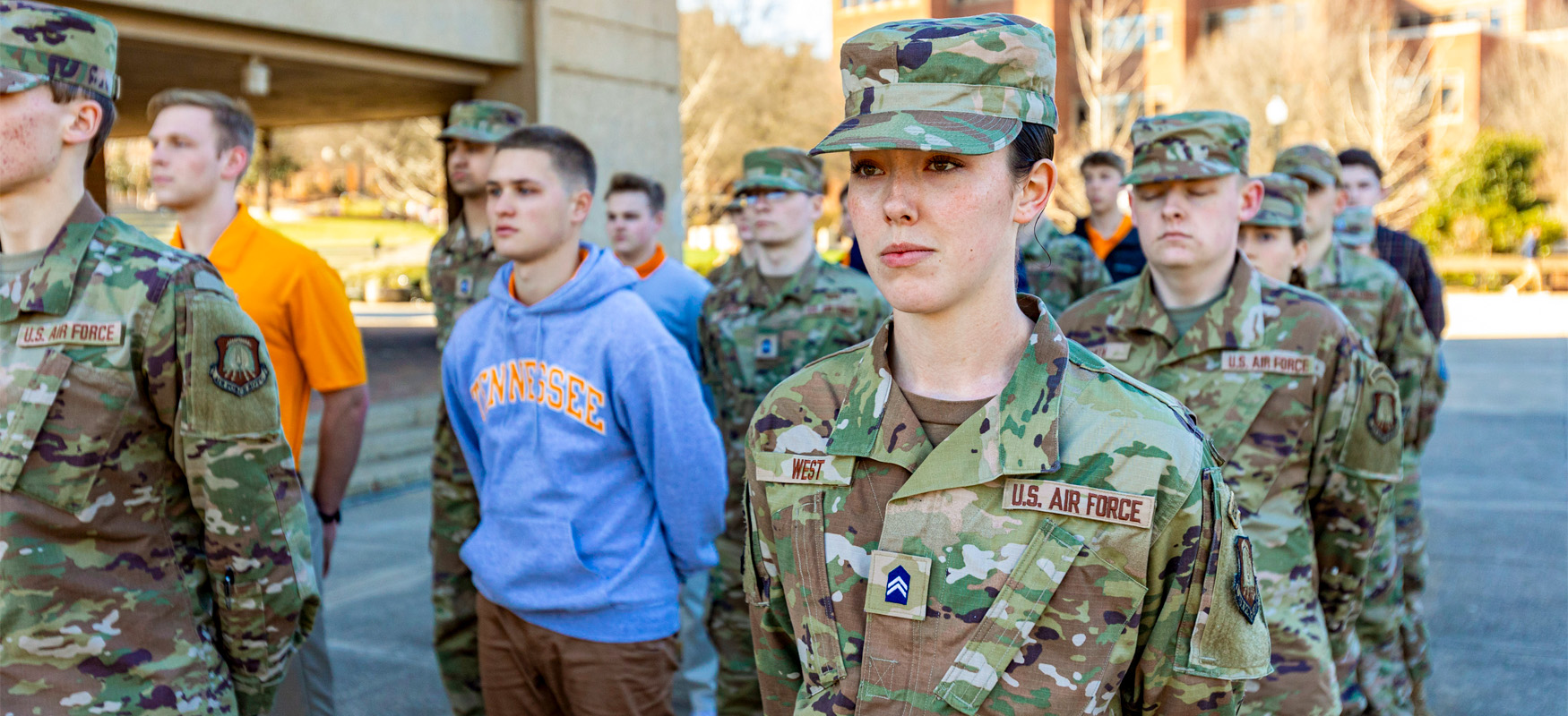 Members of the Air Force ROTC drill in Humanities Plaza
