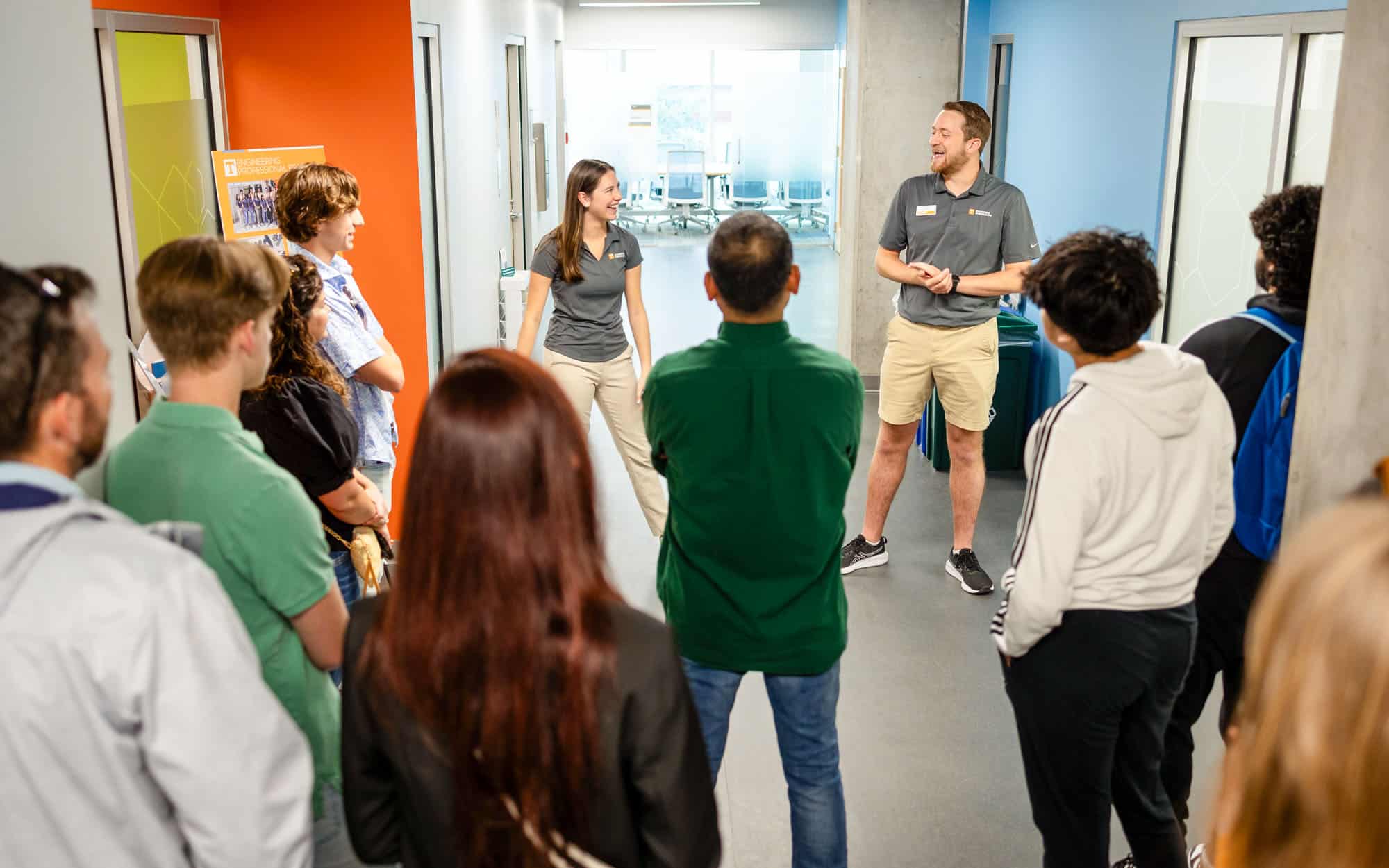 Two ambassadors lead engineering campus tour. 