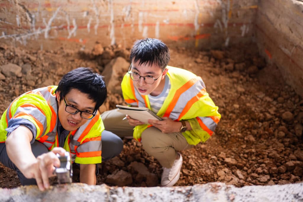 Graduate student Jingtao Zhong measures the layers in an experimental road surface while Assistant Research Professor Yuetan Ma .observes and records data following testing in the high bay lab in the John D. Tickle Engineering Building