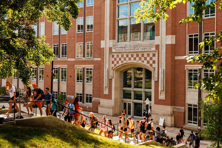 A exterior view of the Zeanah Engineering Complex as students walk between classes during the first day of Fall semester classes 