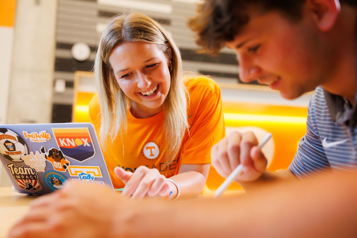 Lady Vol soccer player Ally Zazzara studies with friends during an “It take a Volunteer” produced student lifestyle photoshoot inside the Zeanah Engineering Complex