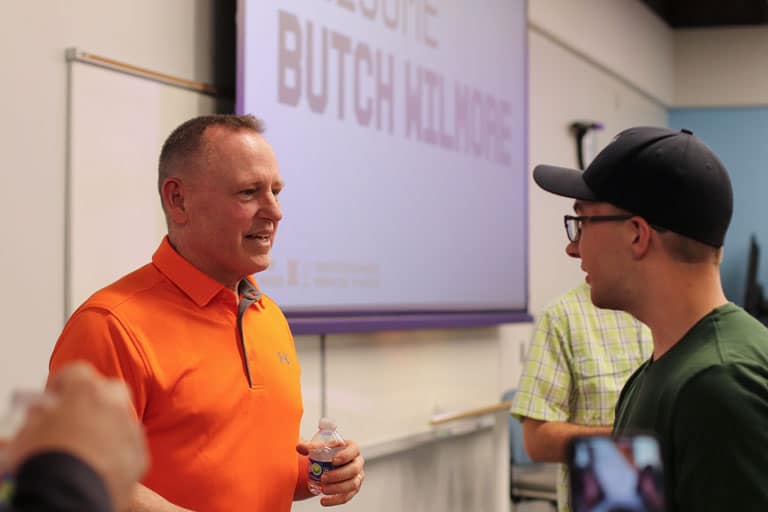 Wilmore talking to students