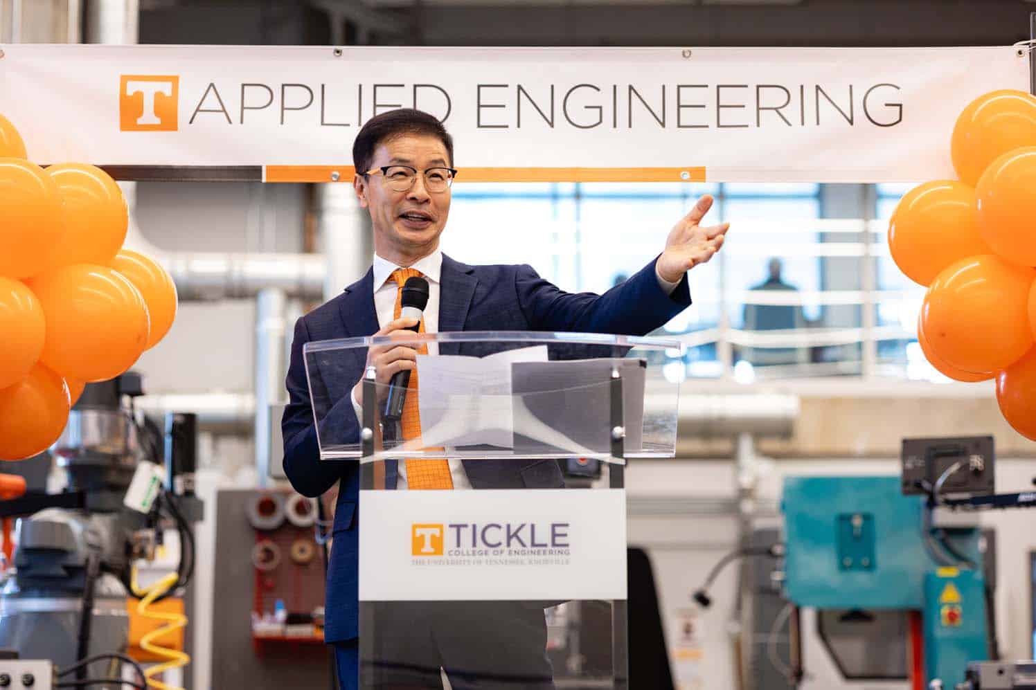 Chulho Yang speaks during the opening of the Department of Applied Engineering