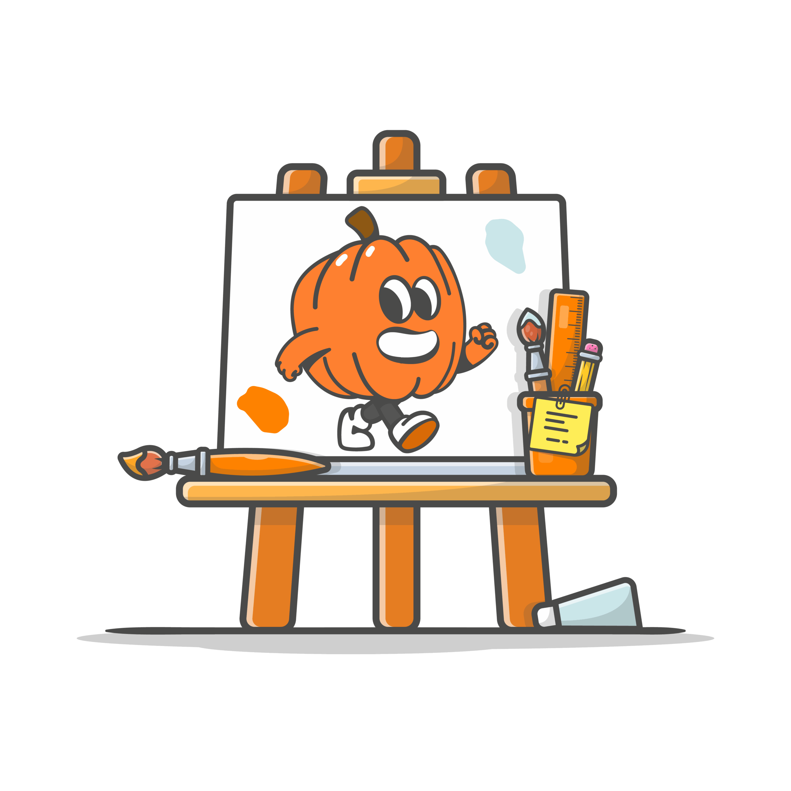 Digital illustration of a canvas on an easel with a painted smiling pumpkin
