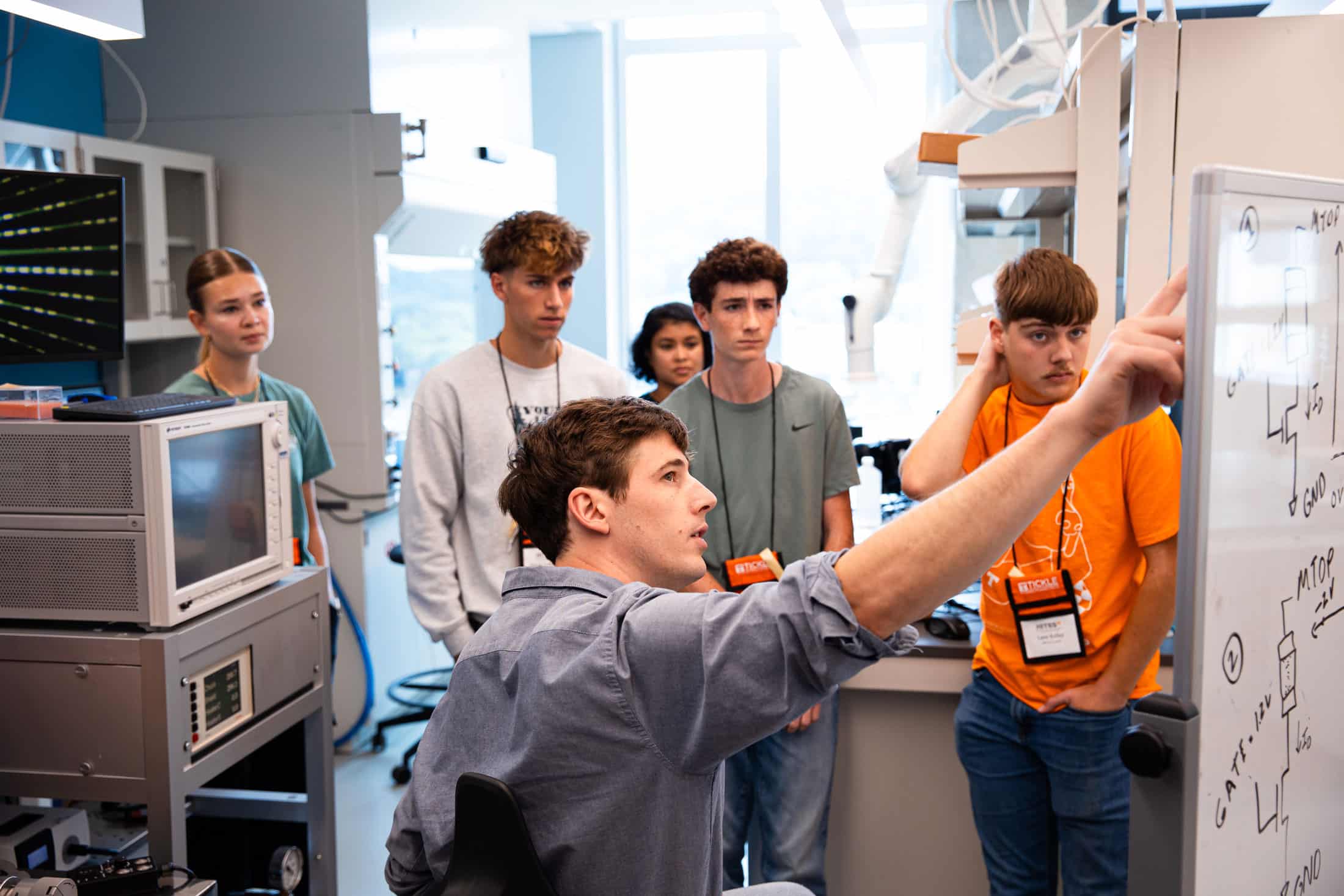 High school seniors listening to a HITES12 leader who's pointing at a whiteboard
